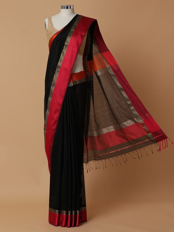 Maheshwari Cotton Silk Black Ganga-Jamuna Border — BINKS