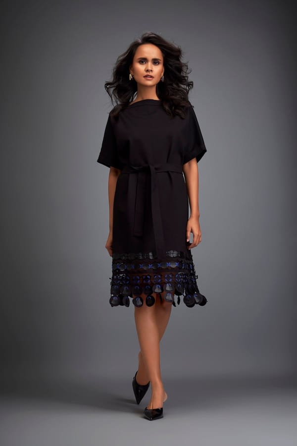 Structured Dress with Leather Applique Hem and Belt — Deepika Arora