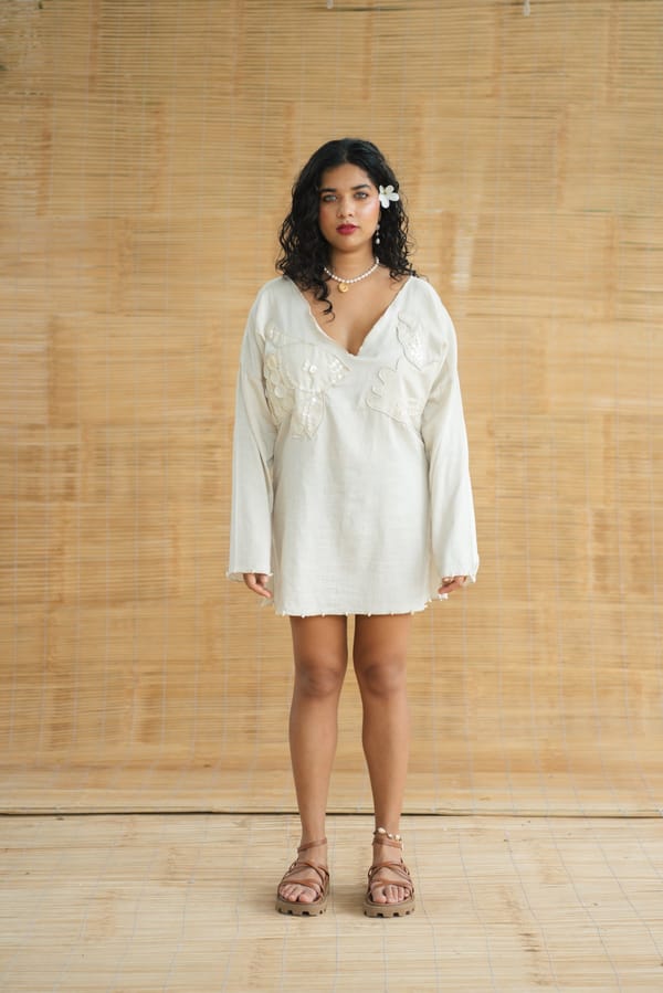 Beige Cotton Satin Blend V-Neck Mini Dress — Label Sugar