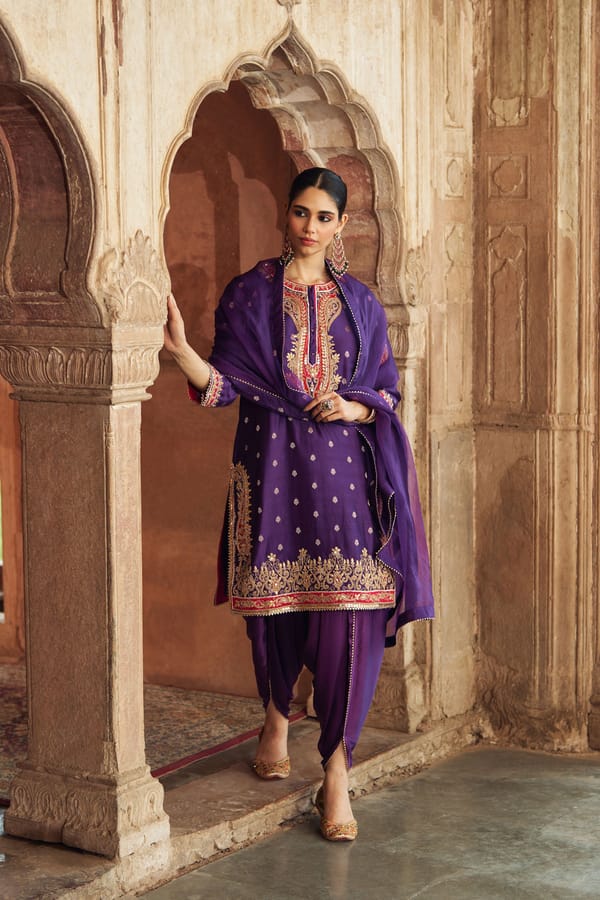 Deep Purple Embroidered Straight Kurta Set with Tulip Pants — Sheetal Batra