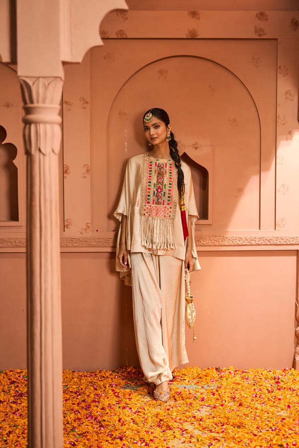 Nude Brocade Silk Kaftan Top and Flared Pants Co-ord Set — TASUVURE