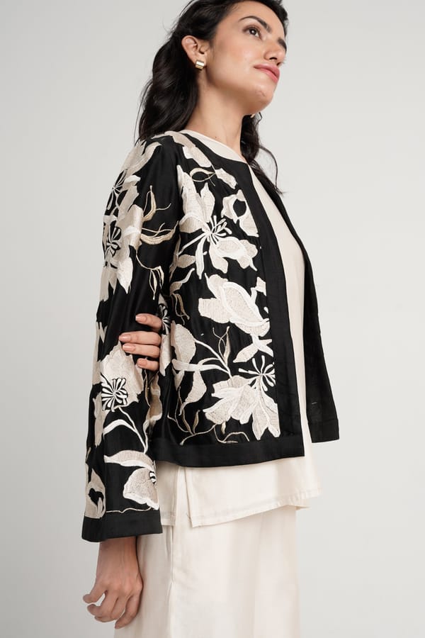 Black Cropped Shrug Jacket with Ivory Embroidery — Madder Much
