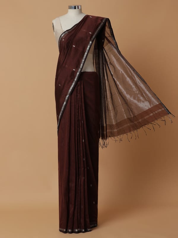 Maheshwari Cotton Silk Brown Chameli Butta Silver — BINKS