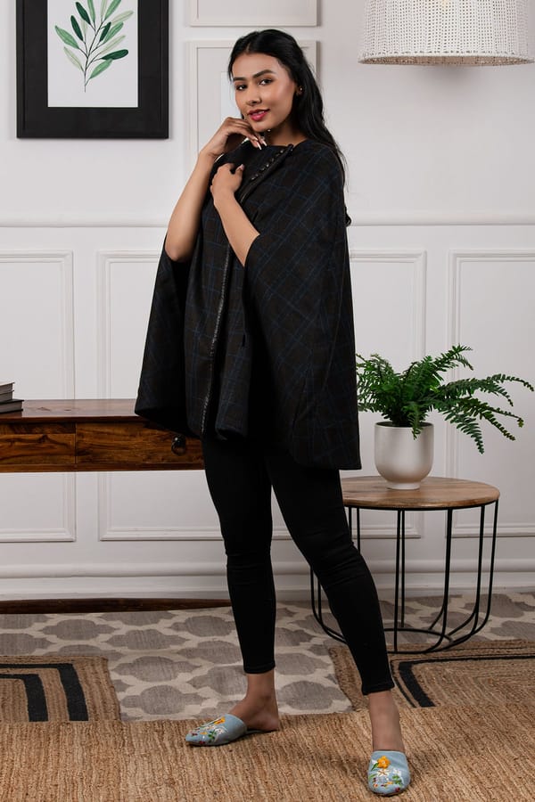 Navy/Gray Plaid Wool-Blend Cape with Button Detail — Rhe-Ana