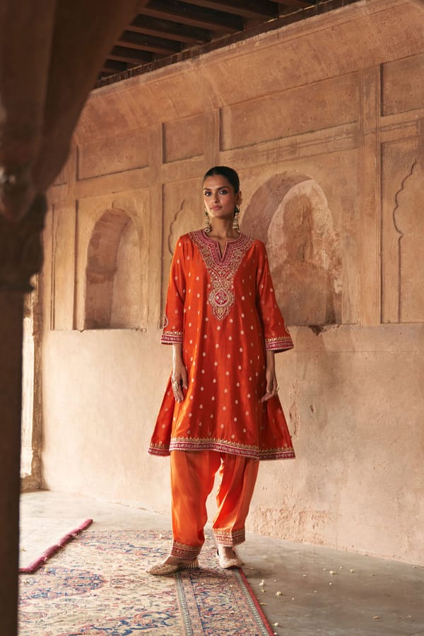 Burnt Orange Embroidered Chauga Kurta Set with Salwar — Sheetal Batra