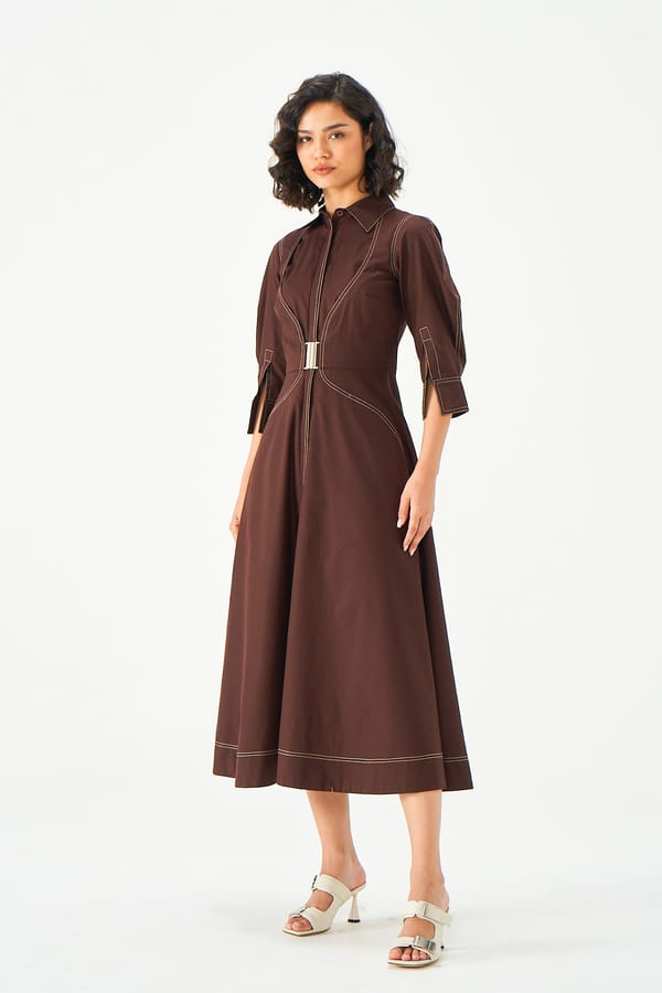 Brown Cotton Fit and Flare Midi Dress with Buckle Detail — NOTEBOOK