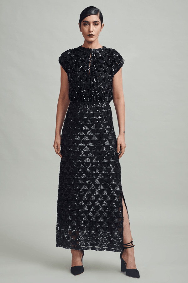 Black Sequin Straight Maxi Dress with Keyhole Neck — Dash and Dot