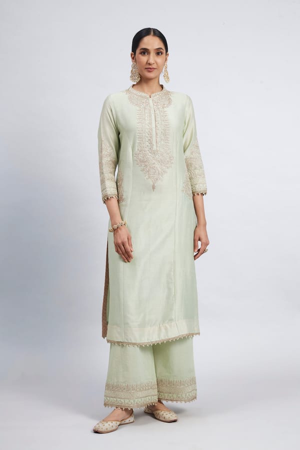 Mint Green Embroidered Straight Kurta Set with Palazzo — Sheetal Batra
