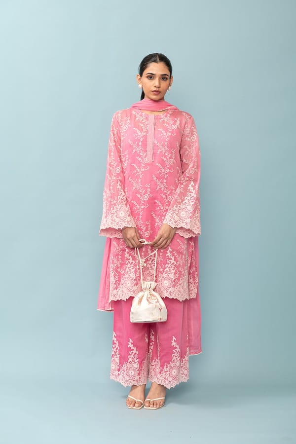 Bright Pink Mul Chanderi Embroidered Kurta Set — LABEL NAARITI