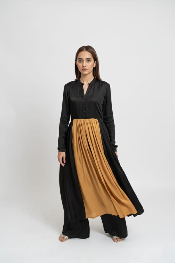 Black and Gold Colorblocked A-Line Kurta Set — Neora