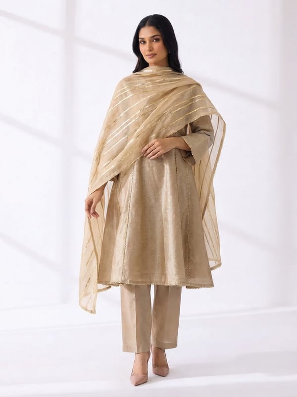Beige Tissue Jacquard Kurta Set with Metallic Stripe Dupatta — LABEL NAARITI