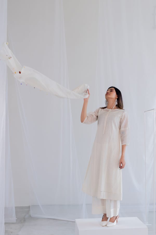 Ecru Chanderi Polka Kurta Set with Stole — Silai studio