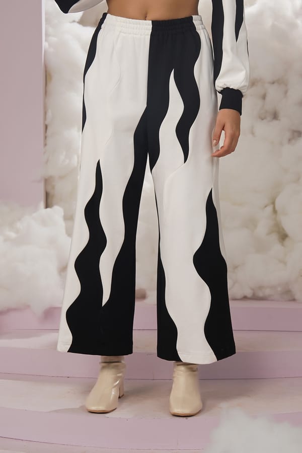 Black/White Abstract Colorblock Wide-Leg Trousers — Chöjé