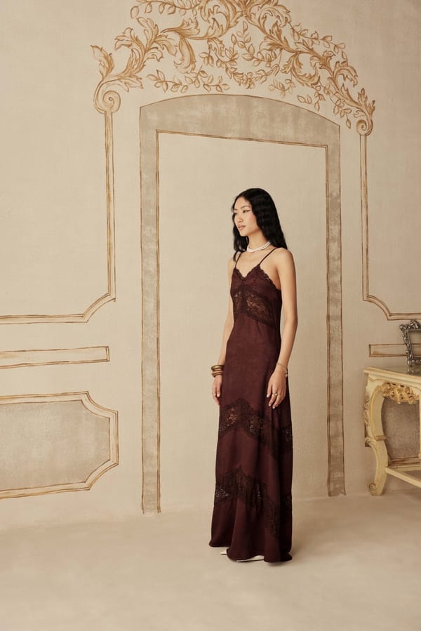 Chocolate Brown Satin Lace-Detail Maxi Slip Dress — Sage by Mala
