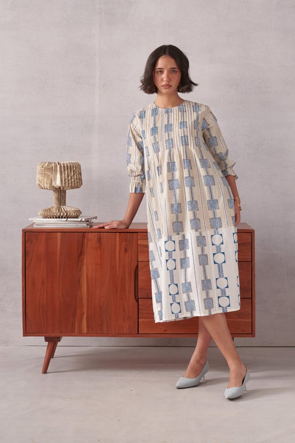 Beige/White Striped Geometric Pintuck Midi Dress — ROHO