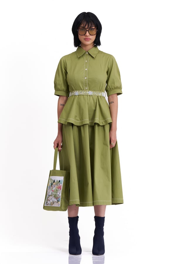 Golden Lime Cotton Twill Belted Fit and Flare Midi Dress — Our Love