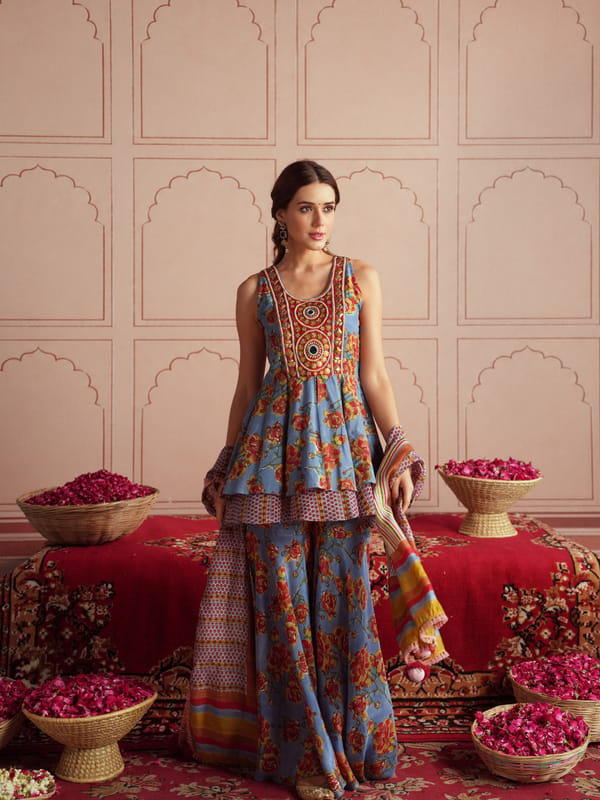 ROHA SHORT PEPLUM KURTA WITH GHARARA AND DUPPATA — TASHA INDIA