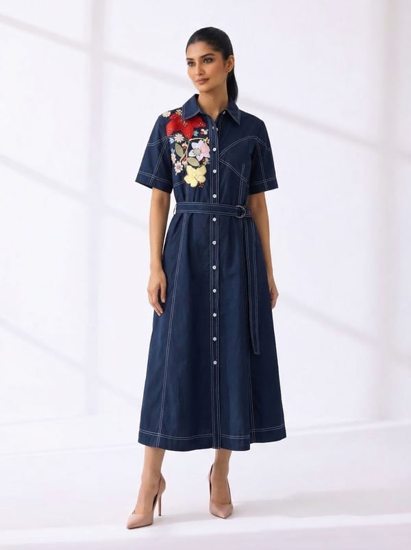 Navy Cotton Embroidered Belted Shirt Midi Dress — RUCHIKA MALLIKA LABEL