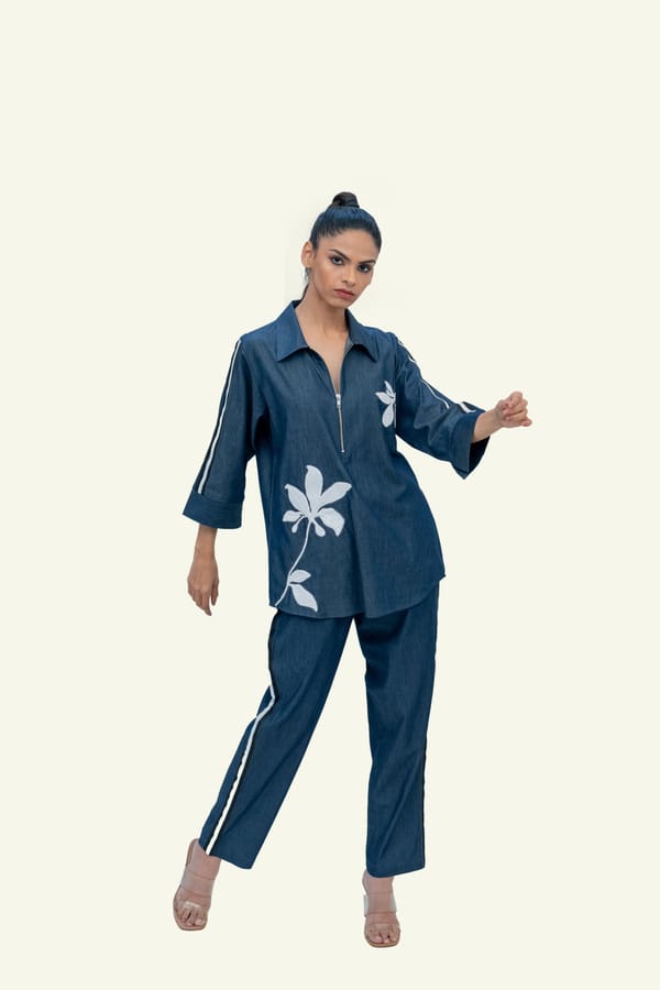 Blue Denim Shirt and Straight Pants Co-ord Set with Embroidery — Richa Goenka