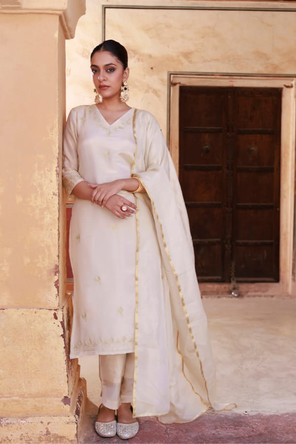 Ivory Gold Embroidered Tissue Kurta Set — Bannhi by Priyanka Rathore