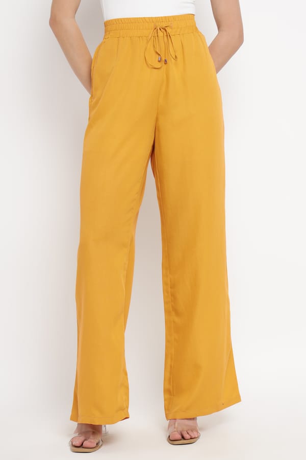 Ochre Wide-Leg Drawstring Waist Trousers — Diana Gallesi