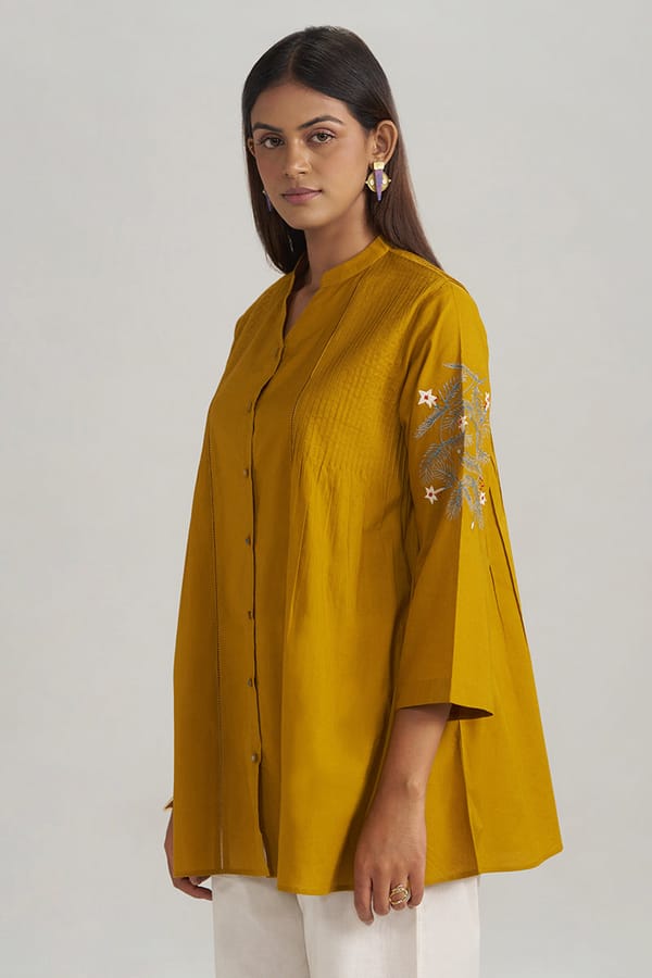 Mustard Mul-Mul Embroidered Tunic — Ganga Fashions Pvt Ltd