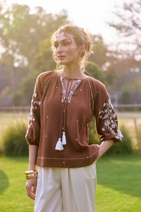Brown Cotton Embroidered Tie-Up Neck Flowy Top — Style Island