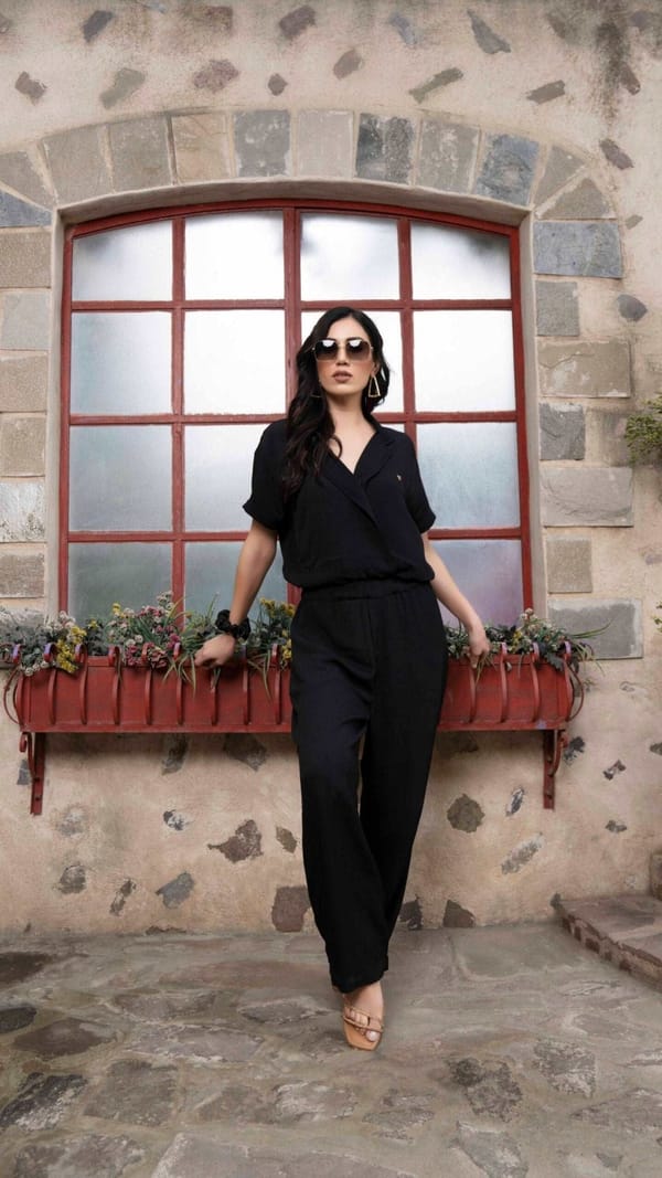 Black Wrap-Style Jumpsuit with Elasticated Waist — Western Era