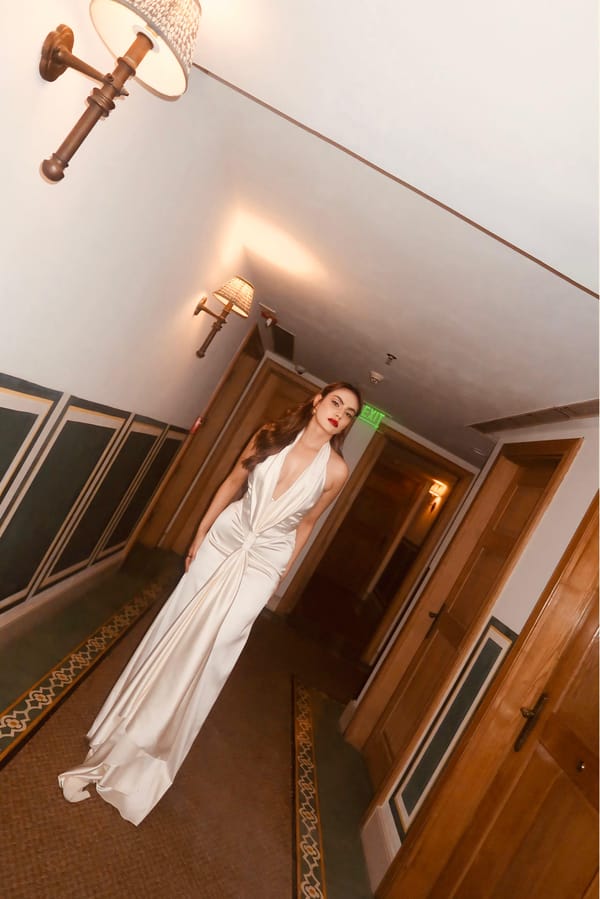 White Satin Halter Neck Maxi Gown with Front Knot Drape — GKDedit