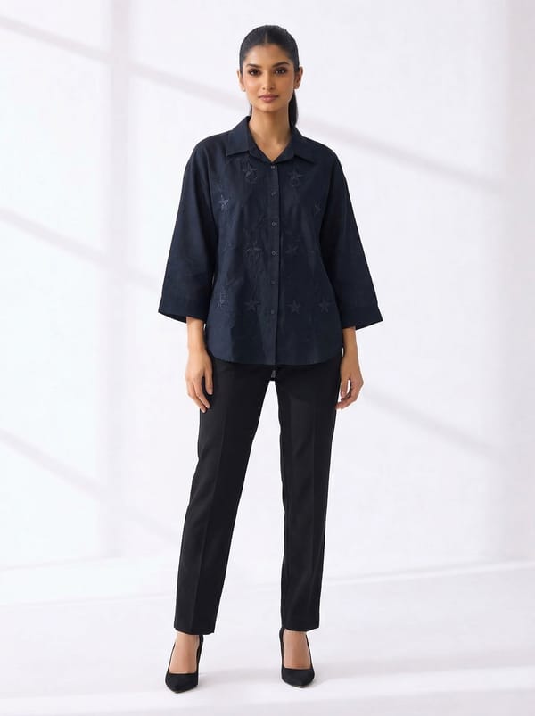 Black Cotton Tonal Embroidered Button-Down Shirt — AYRISS