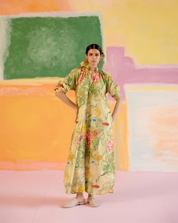 Green/Pink Floral Button-Down Maxi Kaftan Dress — HAPPI SPACE