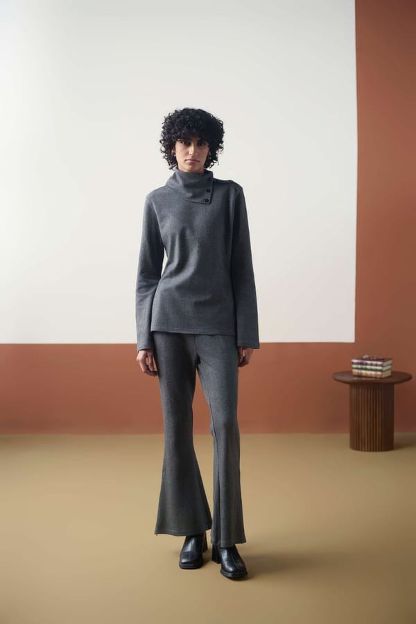 Grey Interlock Knit High Neck Co-ord Set with Flared Pants — Muvazo