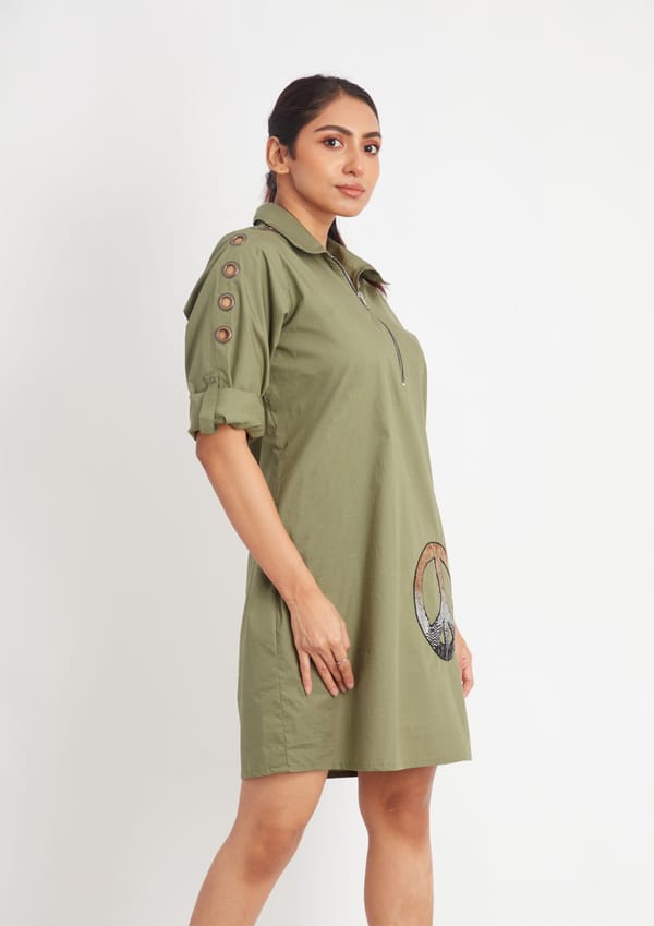 Olive One Piece Dress with Embroidery and Eyelets — Richa Goenka