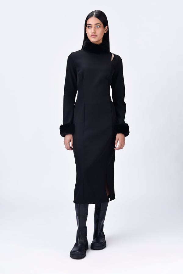 Black Slim Fit Midi Dress with Faux Fur Turtle Neck — Genes Lecoanet Hemant