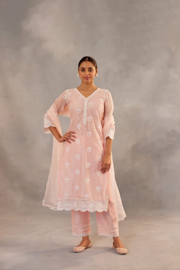 Peach Chanderi Embroidered Straight Suit Set With Dupatta — NARAYANI VASTRA