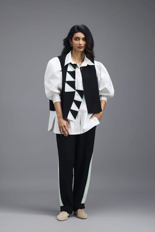 BLACK CO-ORD SET WITH PANELLED VEST — Deepika Arora