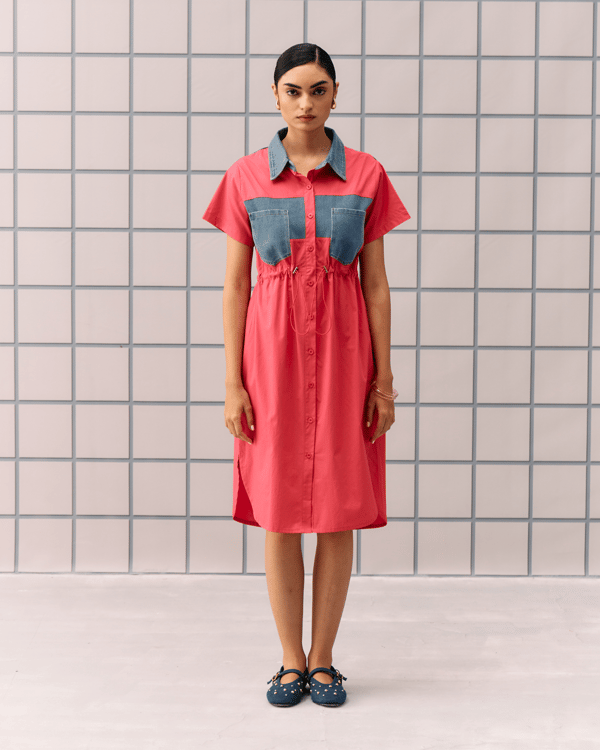 Fuchsia Colorblocked Midi Shirt Dress with Denim Details — Aruni