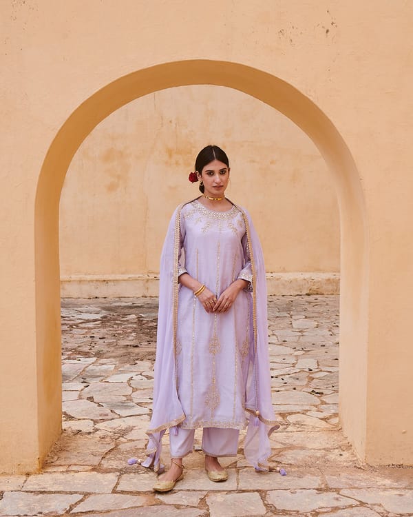 Lilac & Gold Gota Work Chanderi Suit Set — Kameez