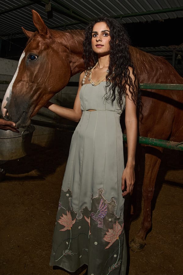 Sage Green Panelled A-Line Maxi Dress With Embroidered Hem — Love Kiki