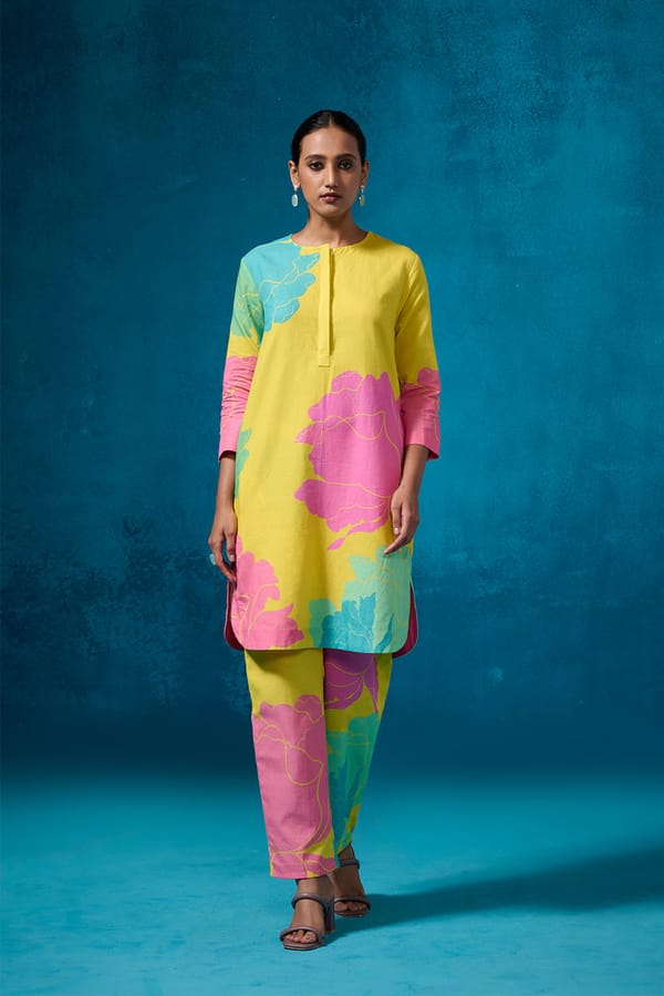 Lemon Yellow Floral Colorblock Linen-Cotton Kurta Set — Dressfolk