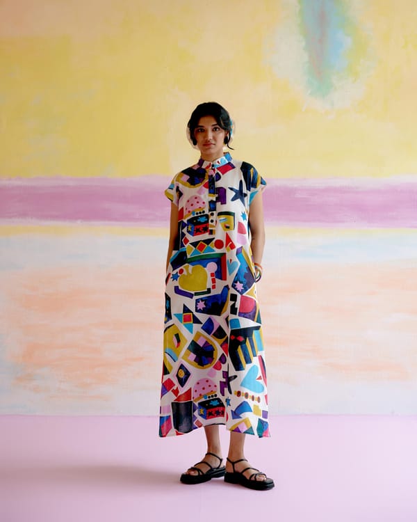 Multicolor Graphic Print Mandarin Collar Midi Dress — HAPPI SPACE