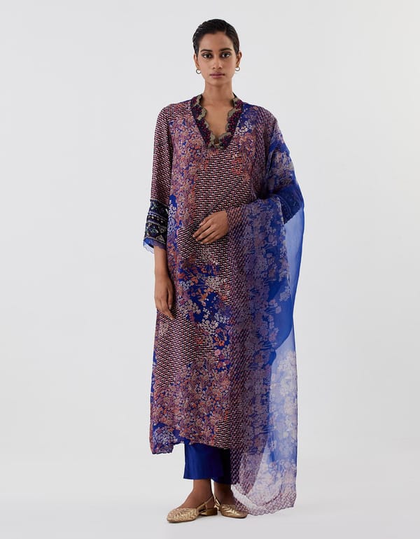 Blue Hand Crushed Embroidered Kurta Set — Kavita Bhartia