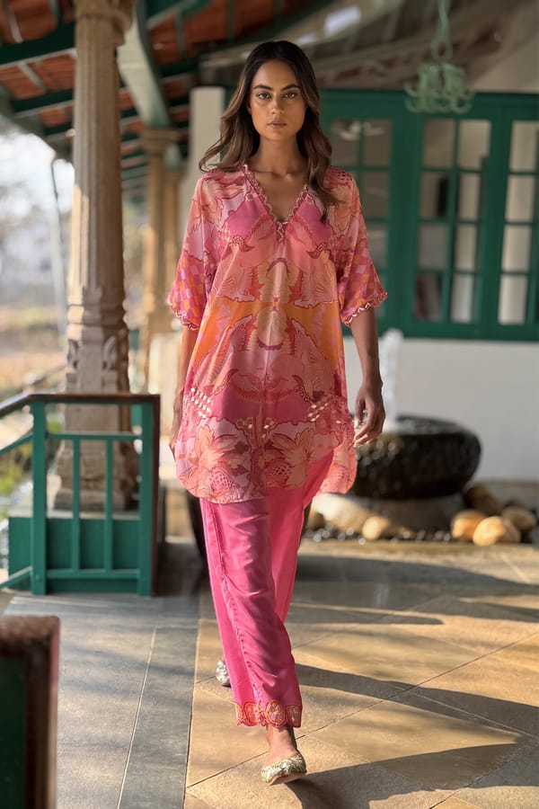 Pink Printed Tunic and Straight Pants Co-ord Set — Basil Leaf