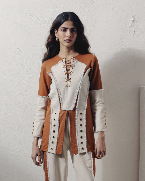 Rust and Cream Colorblocked Denim Lace-Up Longline Top — Veera Wear