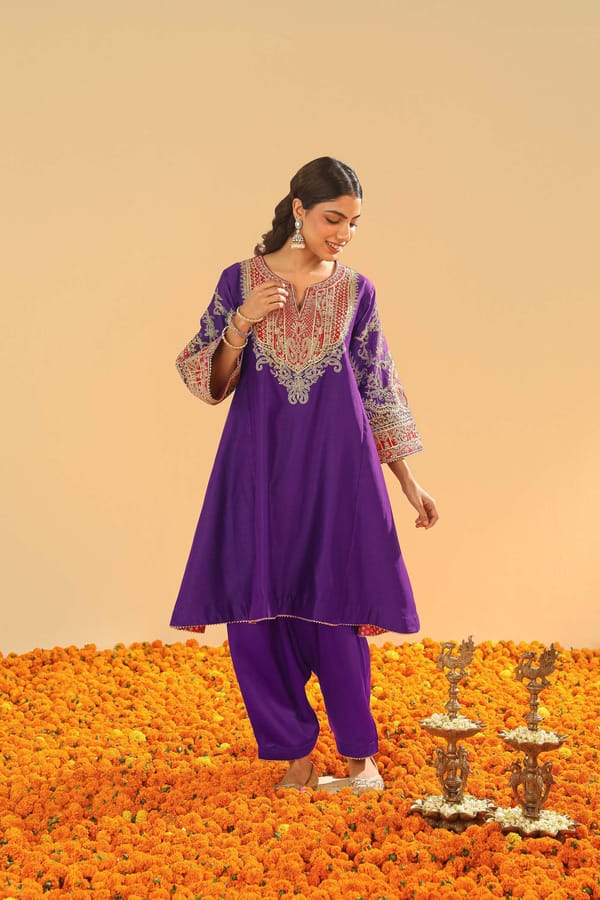 Purple Kalidaar Chauga Kurta Set with Embroidered Yoke — Sheetal Batra