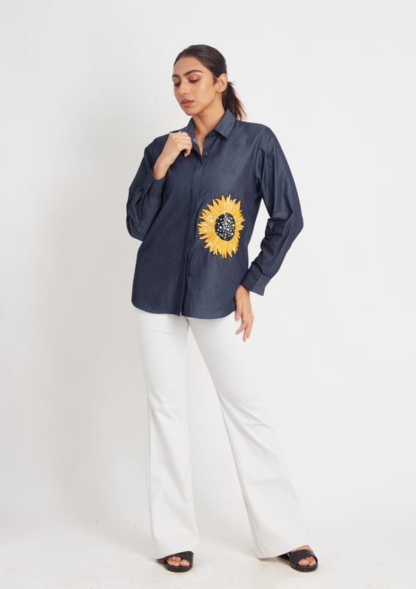 Denim Shirt with Sunflower Sequin — Richa Goenka