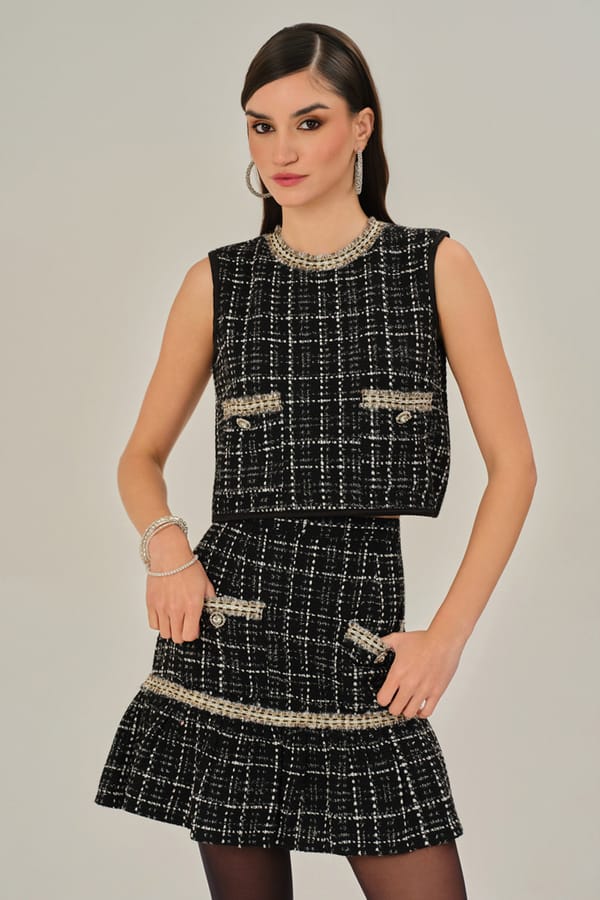 Black Metallic Plaid Tweed Top and Mini Skirt Co-ord Set — BOHO-CHIC