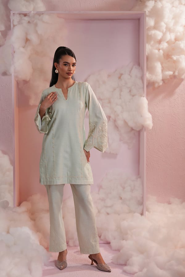 Mint Green Pearl Embroidered Kurta Pant Co-ord Set — Simar Tuli