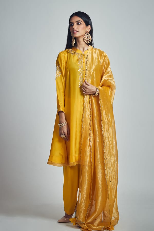 Happy Mustard Habutai Silk Embroidered Kurta Set — Sheetal Batra