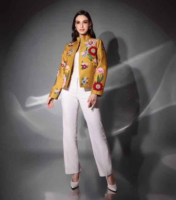 Pista Green Bamber Silk Floral Applique Jacket — RUCHIKA  MALLIKA LABEL